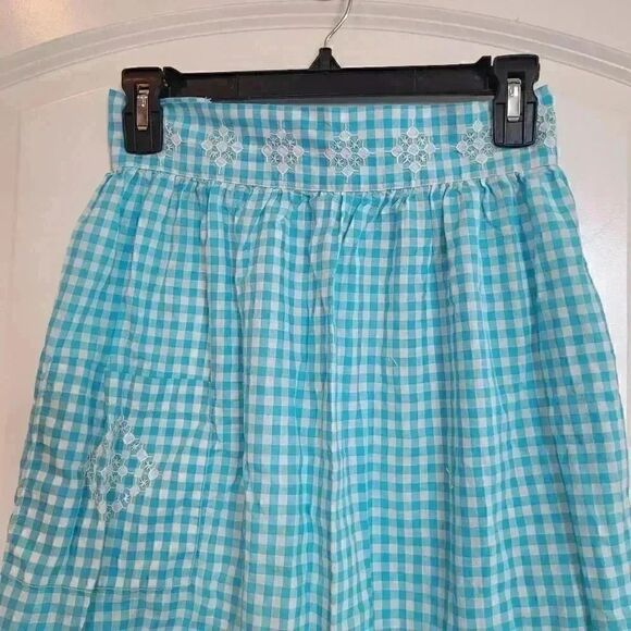 Vtg. Handmade Blue & White Gingham Check Half Apron w White Cross Stitch, Pocket - Picture 3 of 8